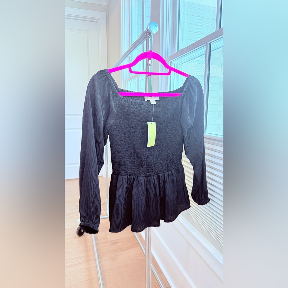 Michael Kors Black Long Sleeve Smocked Peplum Blouse